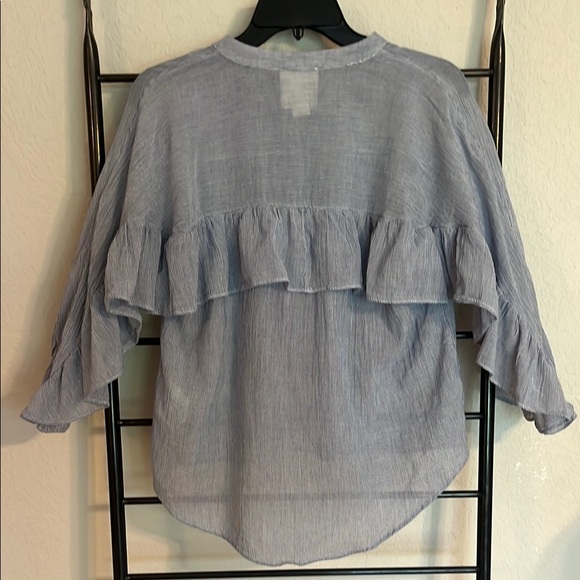 Anthropologie -Maeve Blue & white Ruffled Blouse with Bell Sleeves - Picture 3 of 7